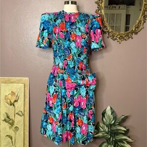 Vintage 80s Handmade Floral Dress Puff Sleeve Smocked Bodice Bow Shoulder Pads M